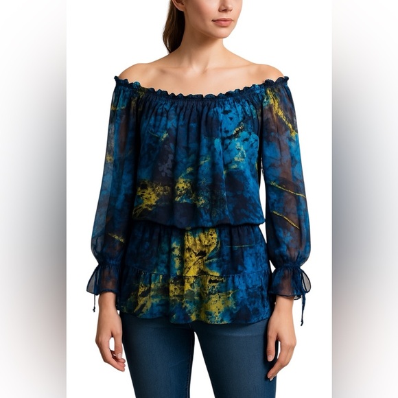 Caché Blue Abstract Silk Blend Sheer Peasant Blouse Boho Top Size Medium - Picture 1 of 5